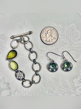 Lia Sophia Hypnotic Bracelet & Earrings Set Lime Green Silver Vintage Retired